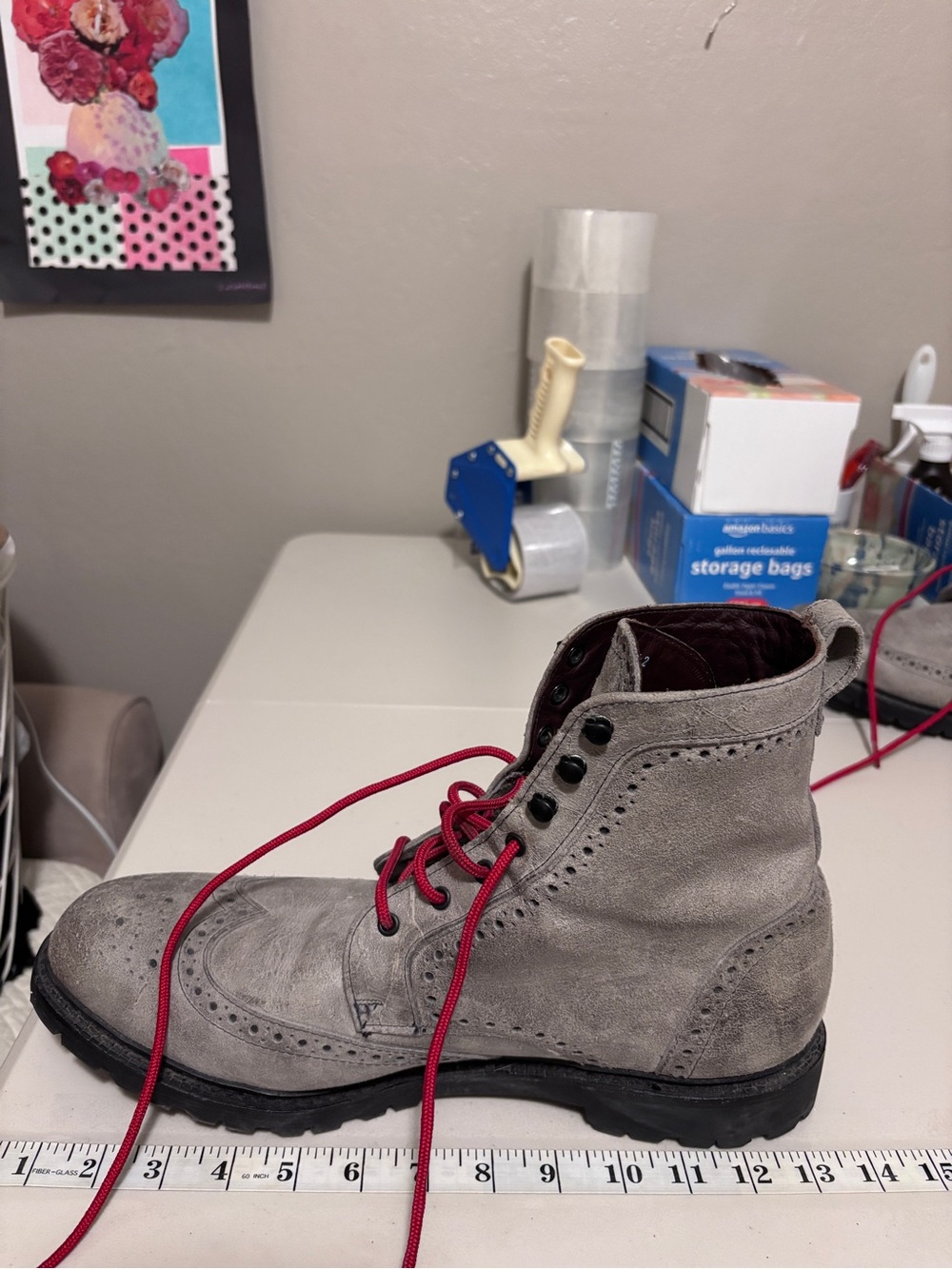 Allen Edmonds Long Branch Grey Leather Wingtip Boots Size 14 Red Laces Vibram - Picture 9 of 11